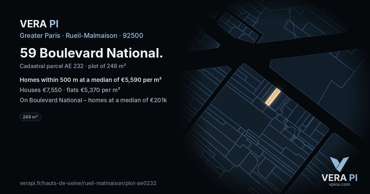 59 Boulevard National, Rueil-Malmaison at night – the plot lit, the parcels around coloured by the prices near them