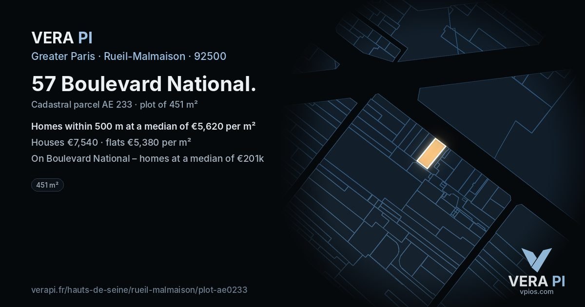 57 Boulevard National, Rueil-Malmaison at night – the plot lit, the parcels around coloured by the prices near them