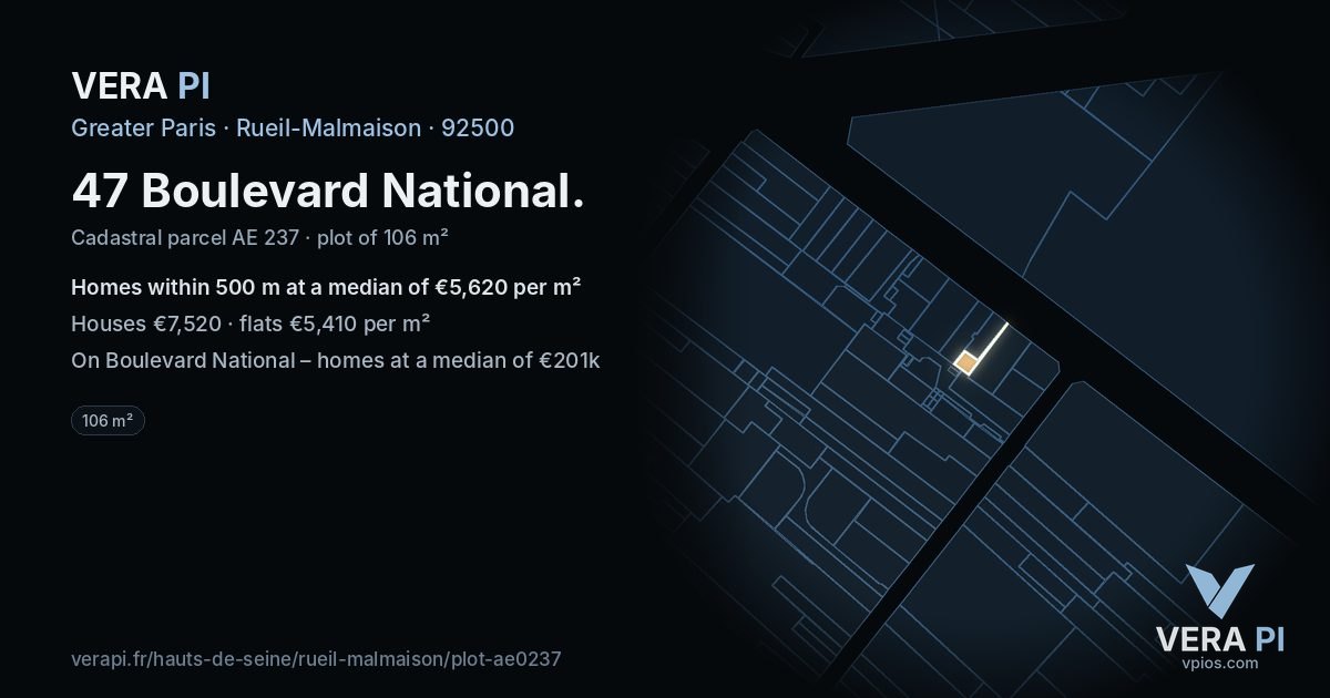 47 Boulevard National, Rueil-Malmaison at night – the plot lit, the parcels around coloured by the prices near them