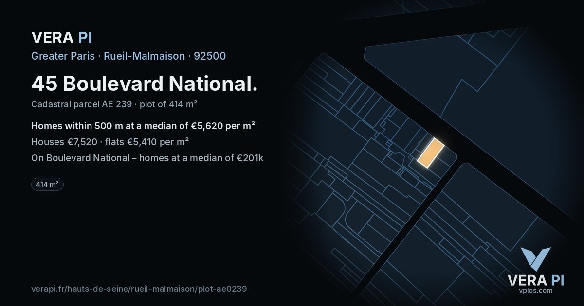 45 Boulevard National, Rueil-Malmaison at night – the plot lit, the parcels around coloured by the prices near them