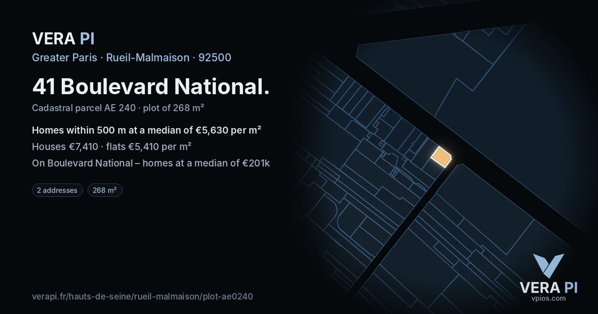 41 Boulevard National, Rueil-Malmaison at night – the plot lit, the parcels around coloured by the prices near them