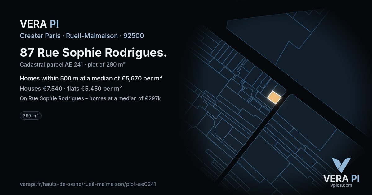 87 Rue Sophie Rodrigues, Rueil-Malmaison at night – the plot lit, the parcels around coloured by the prices near them