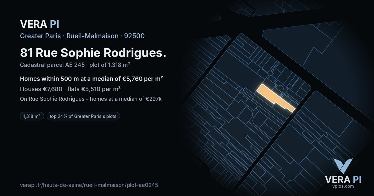 81 Rue Sophie Rodrigues, Rueil-Malmaison at night – the plot lit, the parcels around coloured by the prices near them