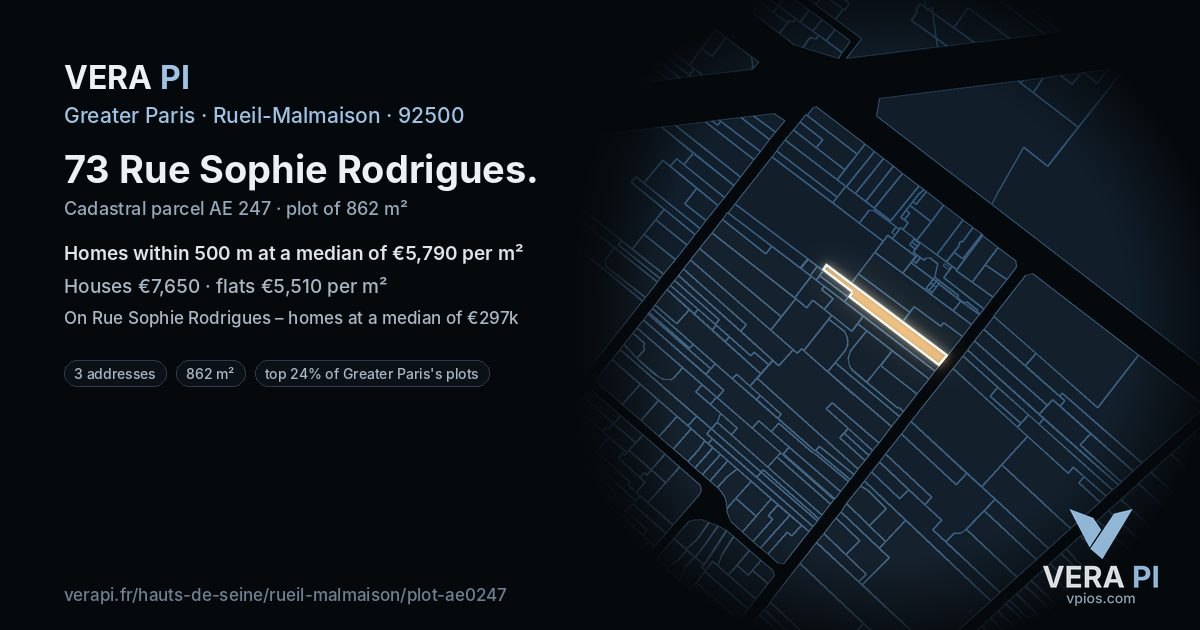 73 Rue Sophie Rodrigues, Rueil-Malmaison at night – the plot lit, the parcels around coloured by the prices near them