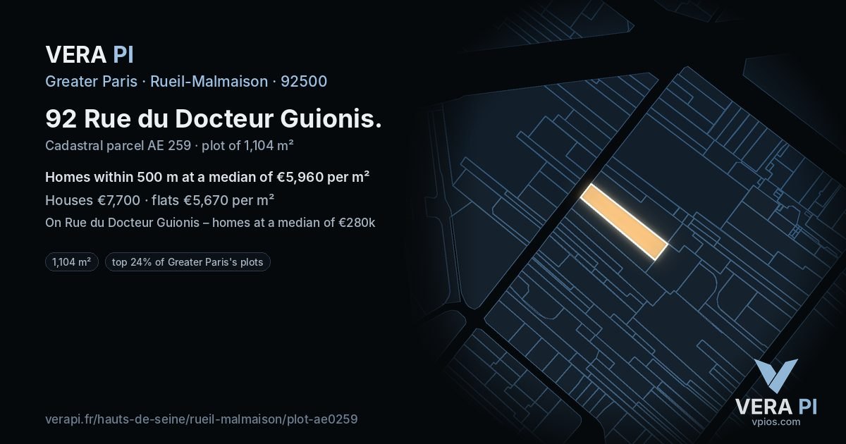 92 Rue du Docteur Guionis, Rueil-Malmaison at night – the plot lit, the parcels around coloured by the prices near them