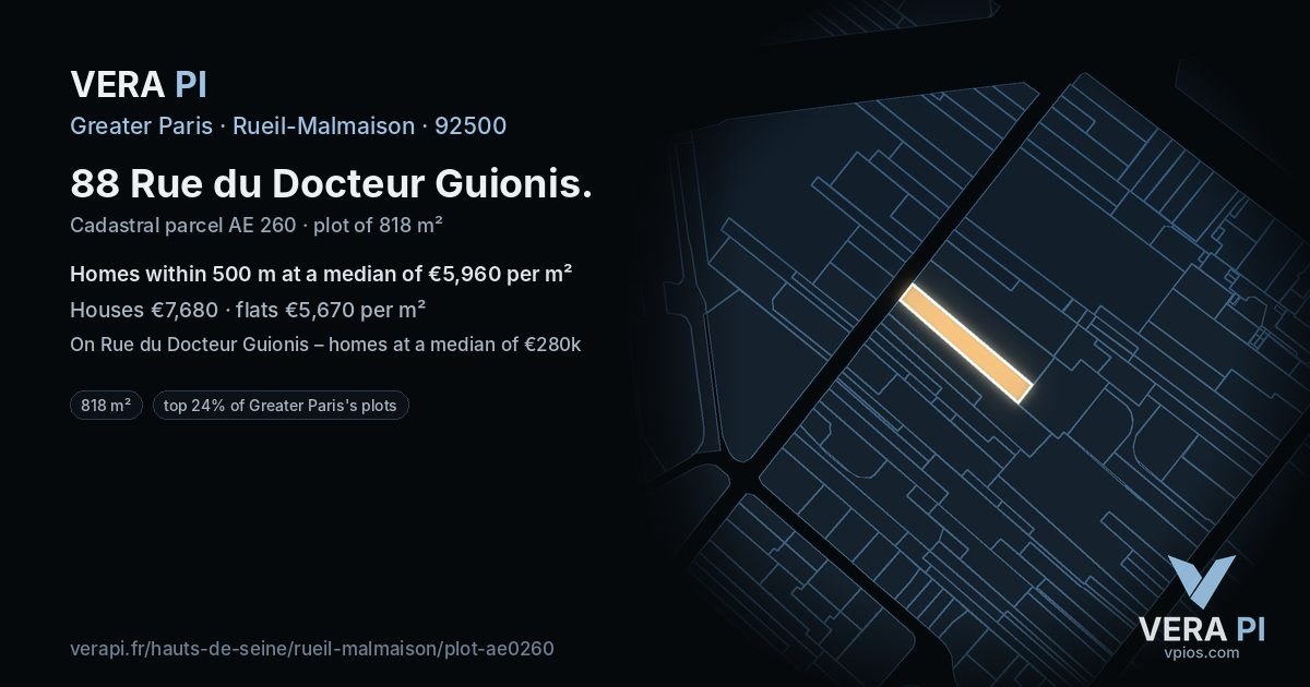 88 Rue du Docteur Guionis, Rueil-Malmaison at night – the plot lit, the parcels around coloured by the prices near them