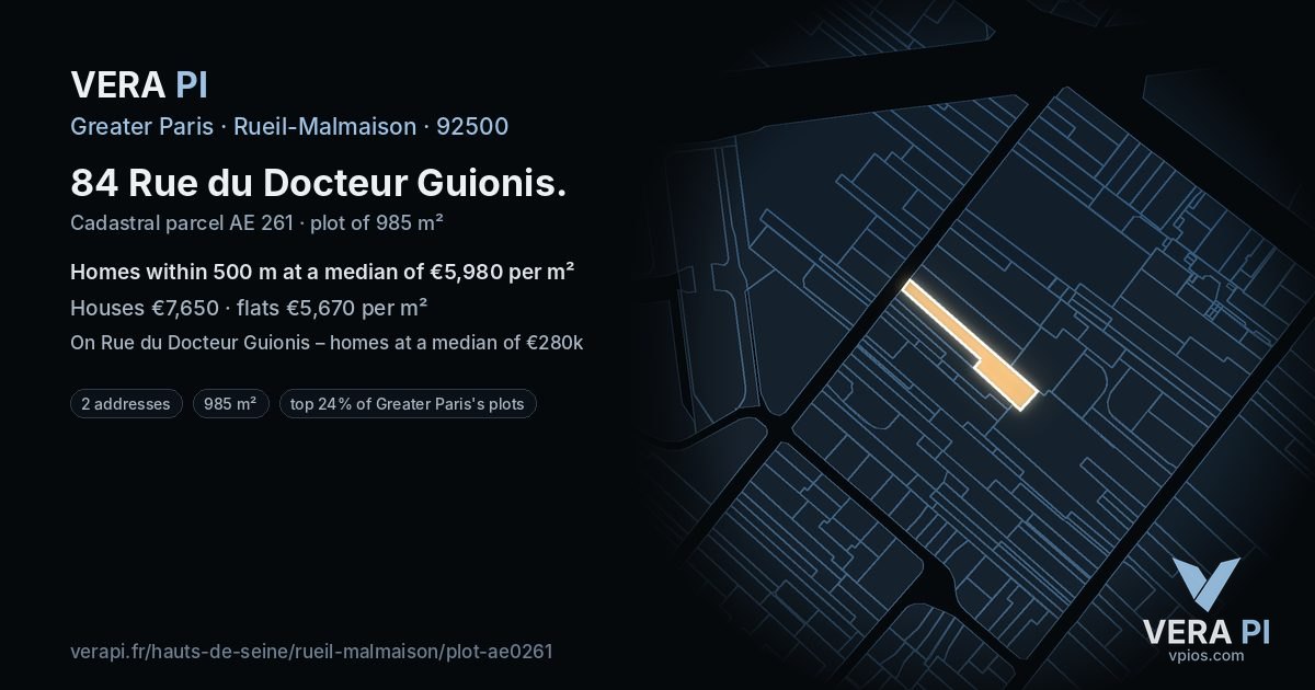 84 Rue du Docteur Guionis, Rueil-Malmaison at night – the plot lit, the parcels around coloured by the prices near them