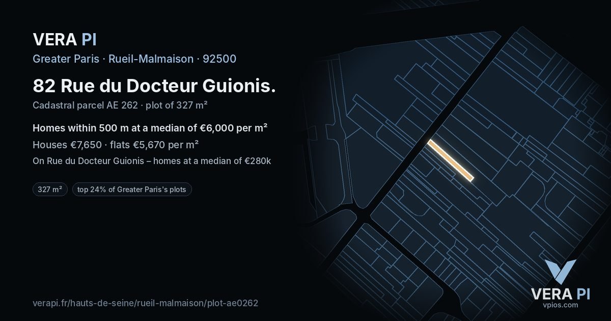 82 Rue du Docteur Guionis, Rueil-Malmaison at night – the plot lit, the parcels around coloured by the prices near them