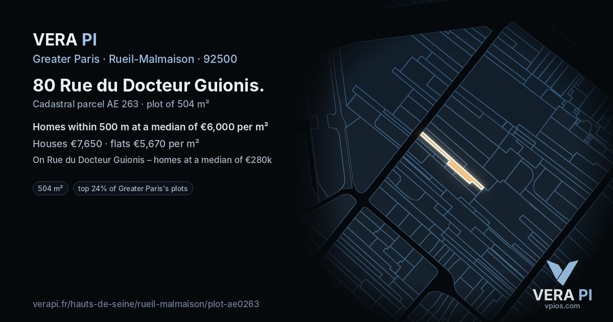 80 Rue du Docteur Guionis, Rueil-Malmaison at night – the plot lit, the parcels around coloured by the prices near them