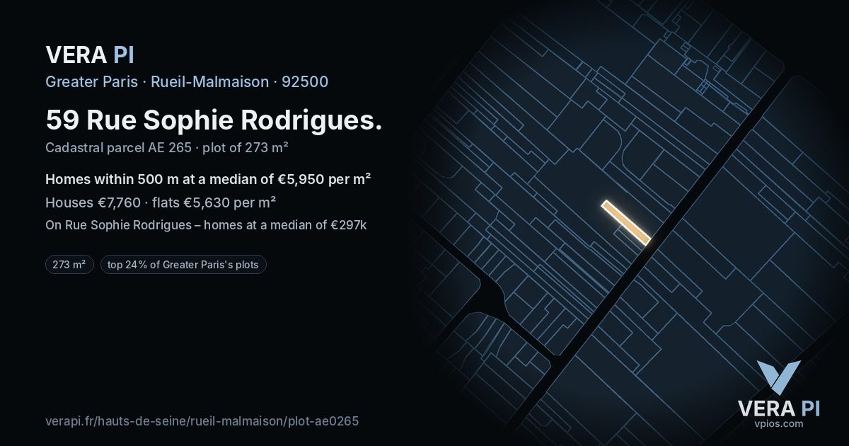 59 Rue Sophie Rodrigues, Rueil-Malmaison at night – the plot lit, the parcels around coloured by the prices near them