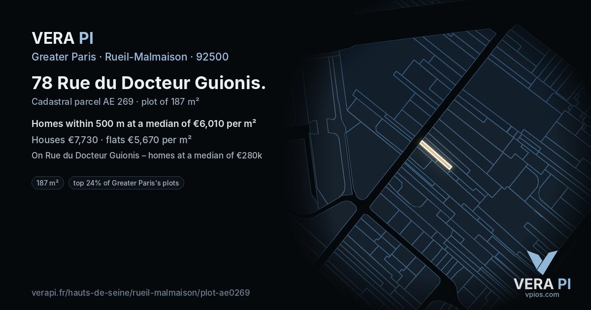78 Rue du Docteur Guionis, Rueil-Malmaison at night – the plot lit, the parcels around coloured by the prices near them
