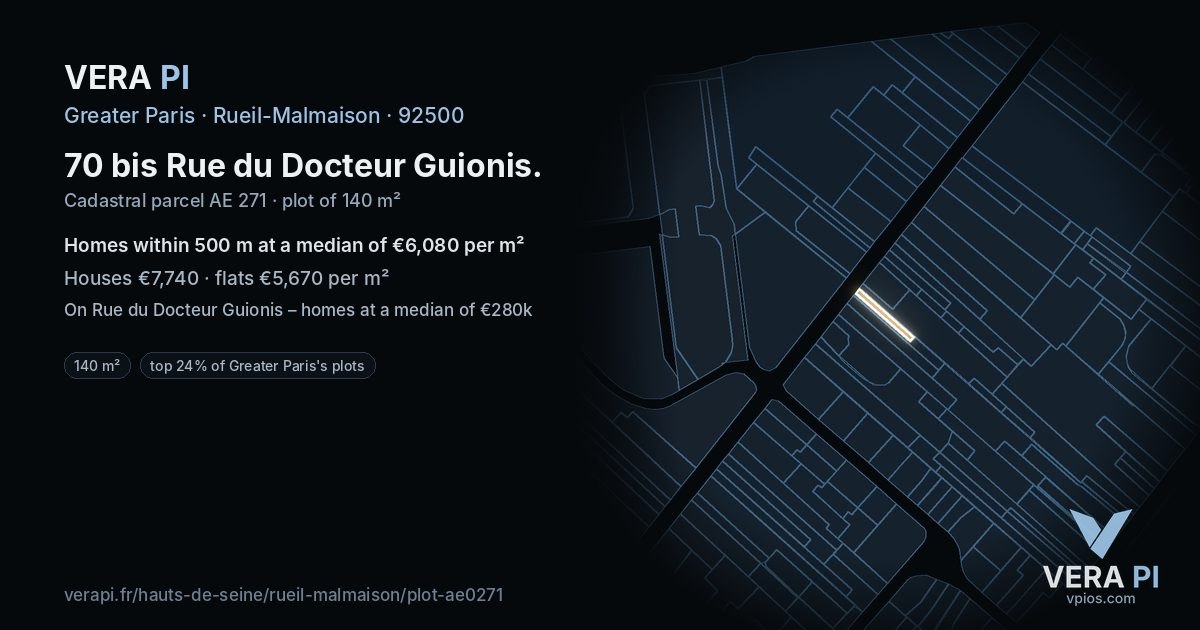 70 bis Rue du Docteur Guionis, Rueil-Malmaison at night – the plot lit, the parcels around coloured by the prices near them