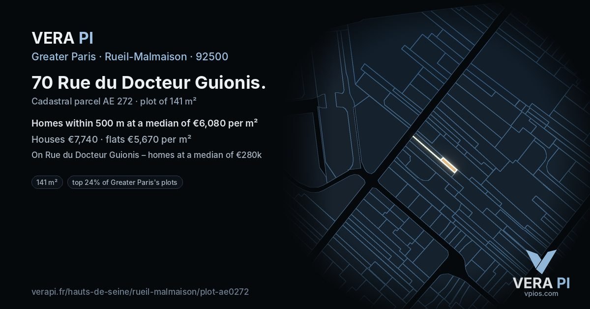 70 Rue du Docteur Guionis, Rueil-Malmaison at night – the plot lit, the parcels around coloured by the prices near them