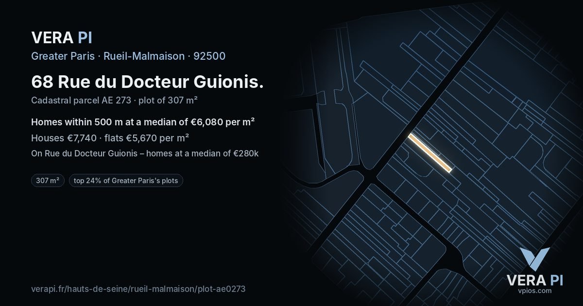 68 Rue du Docteur Guionis, Rueil-Malmaison at night – the plot lit, the parcels around coloured by the prices near them