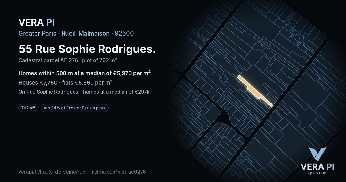 55 Rue Sophie Rodrigues, Rueil-Malmaison at night – the plot lit, the parcels around coloured by the prices near them