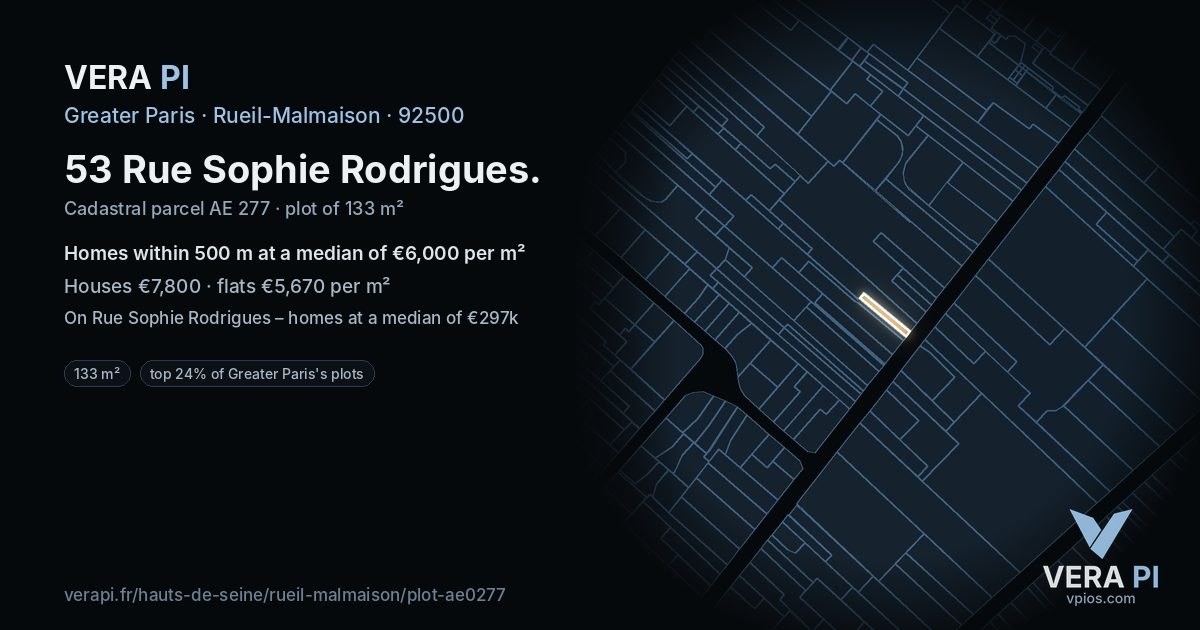 53 Rue Sophie Rodrigues, Rueil-Malmaison at night – the plot lit, the parcels around coloured by the prices near them