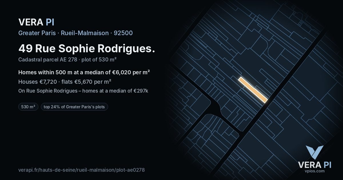 49 Rue Sophie Rodrigues, Rueil-Malmaison at night – the plot lit, the parcels around coloured by the prices near them