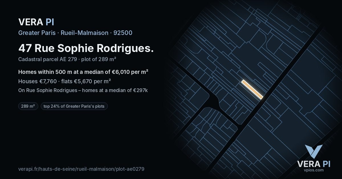 47 Rue Sophie Rodrigues, Rueil-Malmaison at night – the plot lit, the parcels around coloured by the prices near them