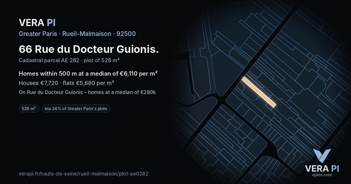 66 Rue du Docteur Guionis, Rueil-Malmaison at night – the plot lit, the parcels around coloured by the prices near them