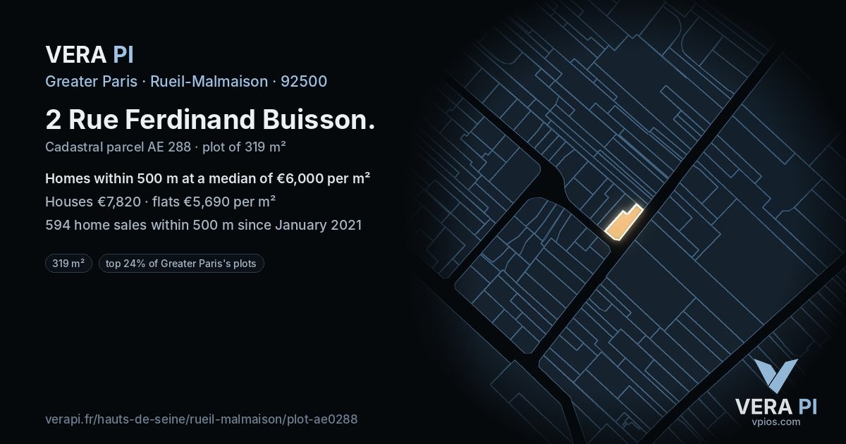 2 Rue Ferdinand Buisson, Rueil-Malmaison at night – the plot lit, the parcels around coloured by the prices near them