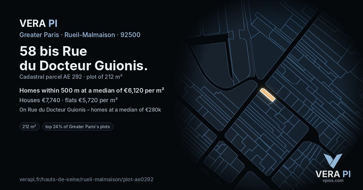 58 bis Rue du Docteur Guionis, Rueil-Malmaison at night – the plot lit, the parcels around coloured by the prices near them
