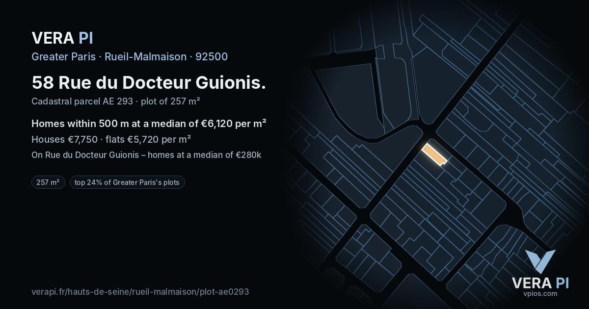 58 Rue du Docteur Guionis, Rueil-Malmaison at night – the plot lit, the parcels around coloured by the prices near them
