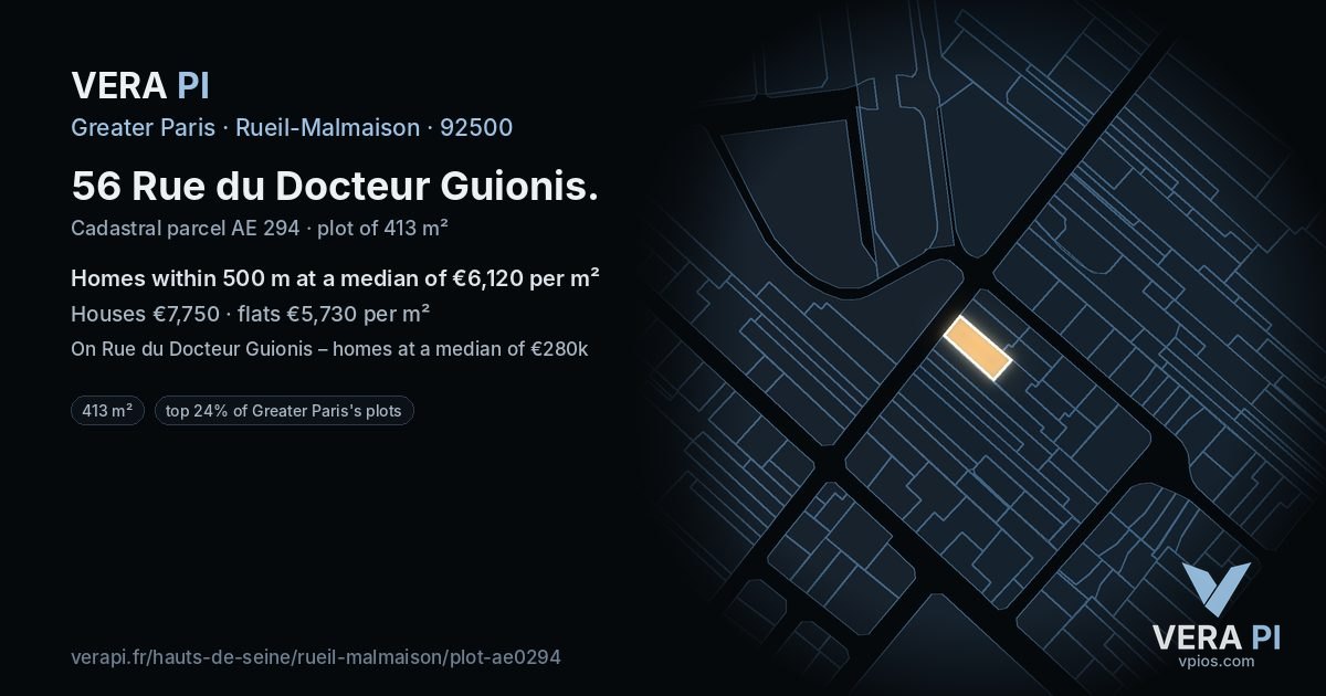 56 Rue du Docteur Guionis, Rueil-Malmaison at night – the plot lit, the parcels around coloured by the prices near them