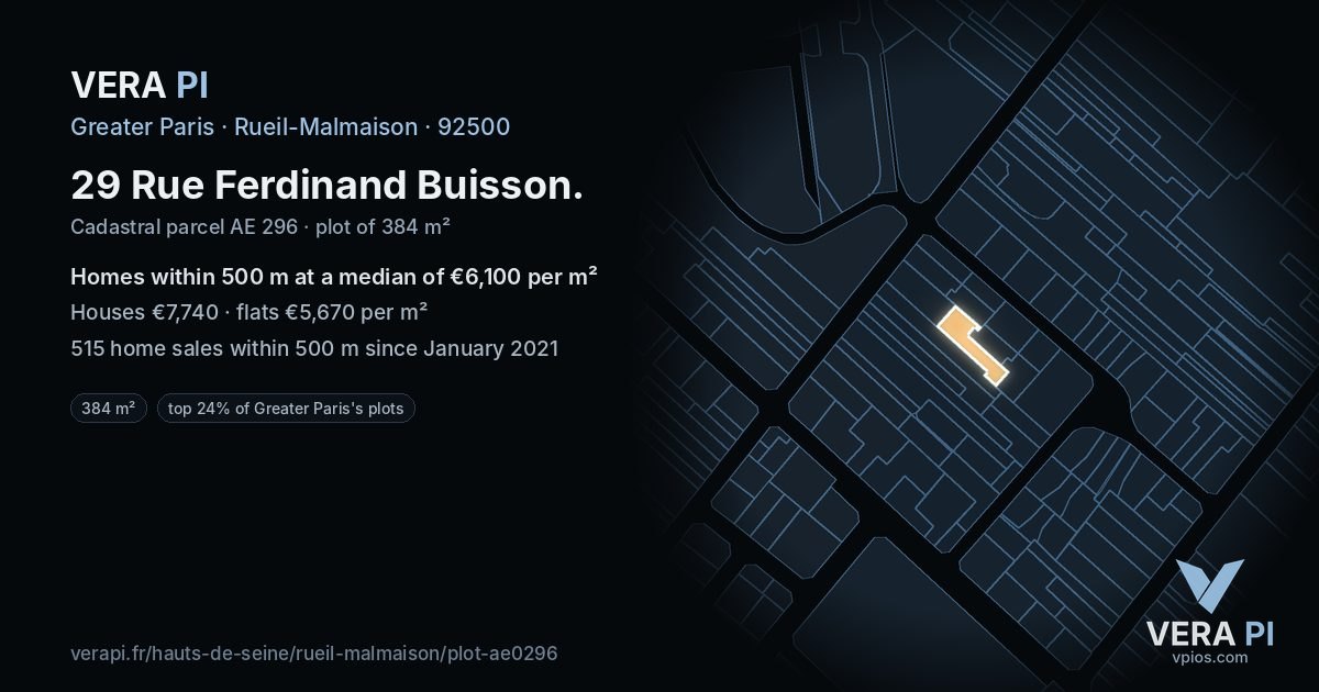 29 Rue Ferdinand Buisson, Rueil-Malmaison at night – the plot lit, the parcels around coloured by the prices near them