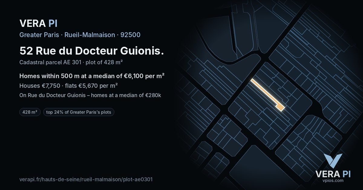 52 Rue du Docteur Guionis, Rueil-Malmaison at night – the plot lit, the parcels around coloured by the prices near them