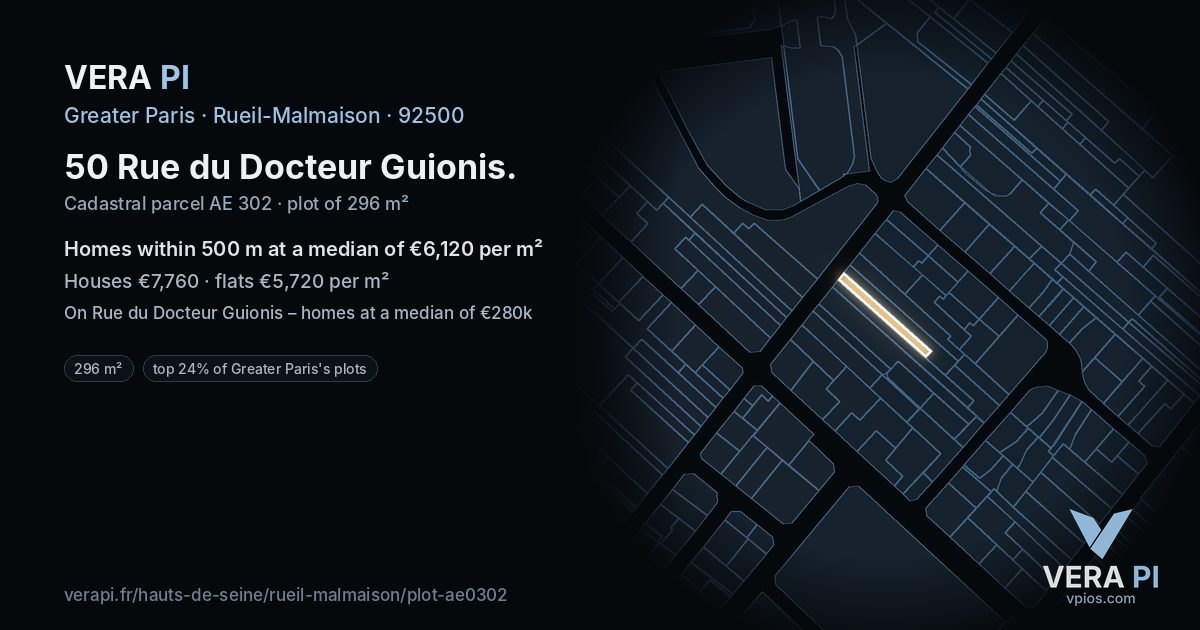50 Rue du Docteur Guionis, Rueil-Malmaison at night – the plot lit, the parcels around coloured by the prices near them