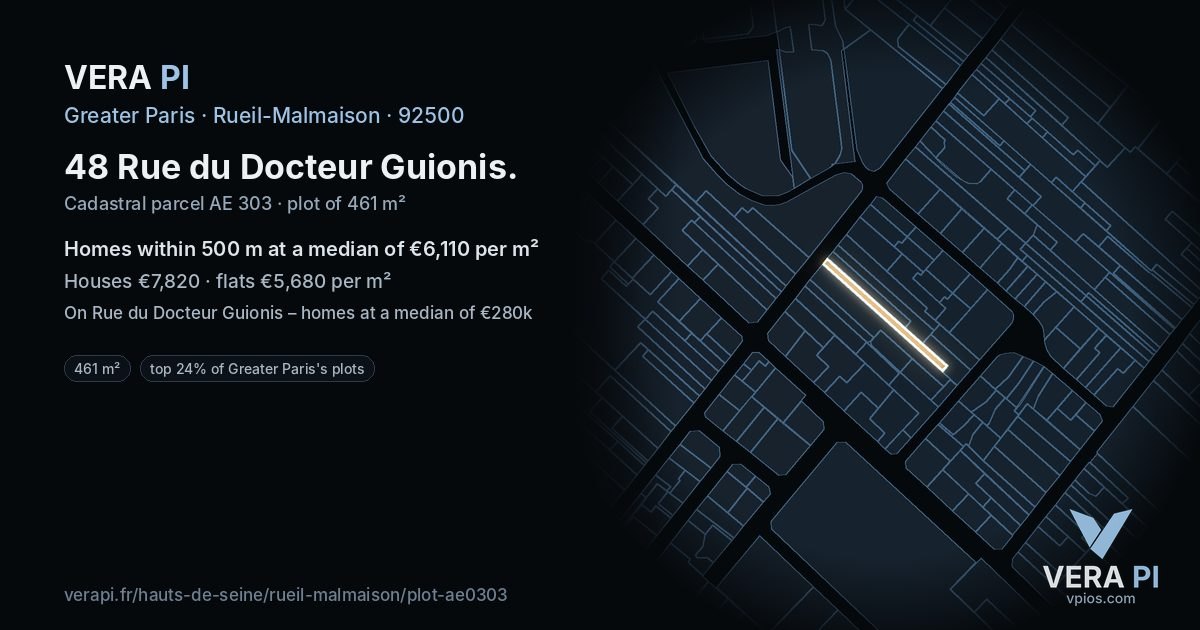 48 Rue du Docteur Guionis, Rueil-Malmaison at night – the plot lit, the parcels around coloured by the prices near them