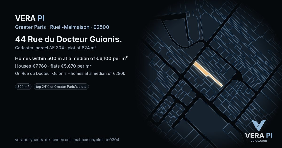 44 Rue du Docteur Guionis, Rueil-Malmaison at night – the plot lit, the parcels around coloured by the prices near them