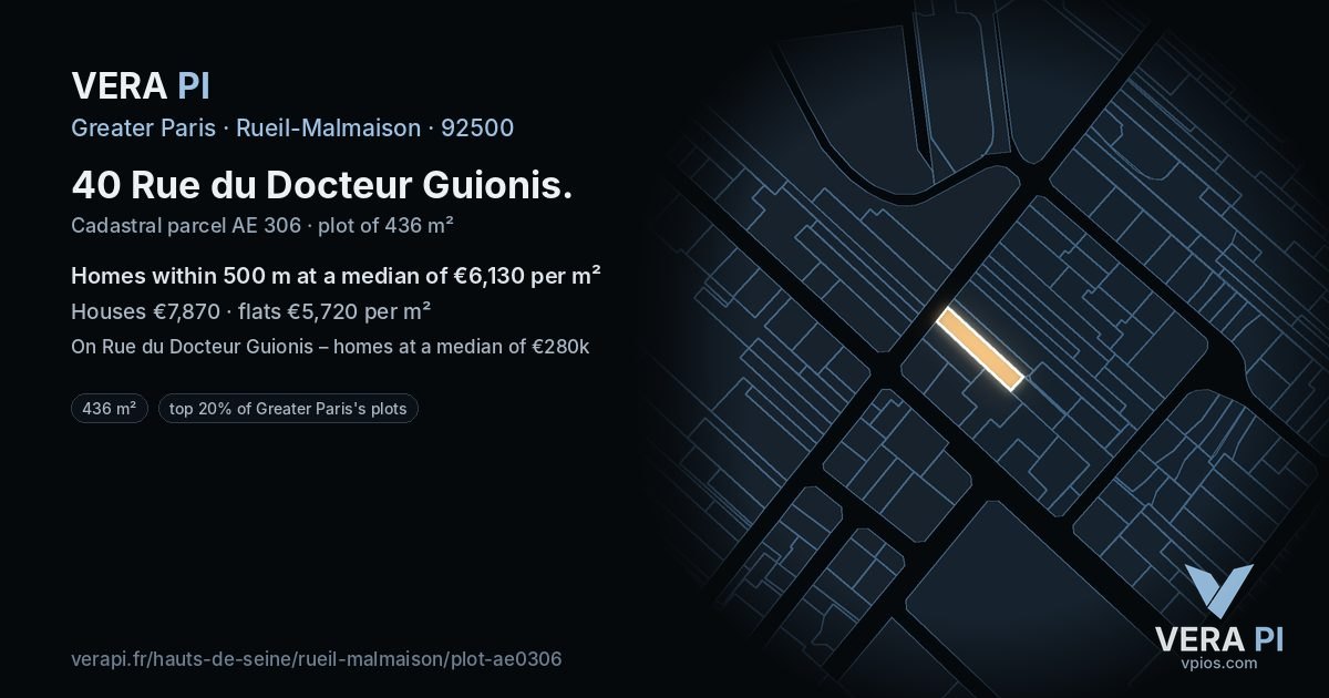 40 Rue du Docteur Guionis, Rueil-Malmaison at night – the plot lit, the parcels around coloured by the prices near them