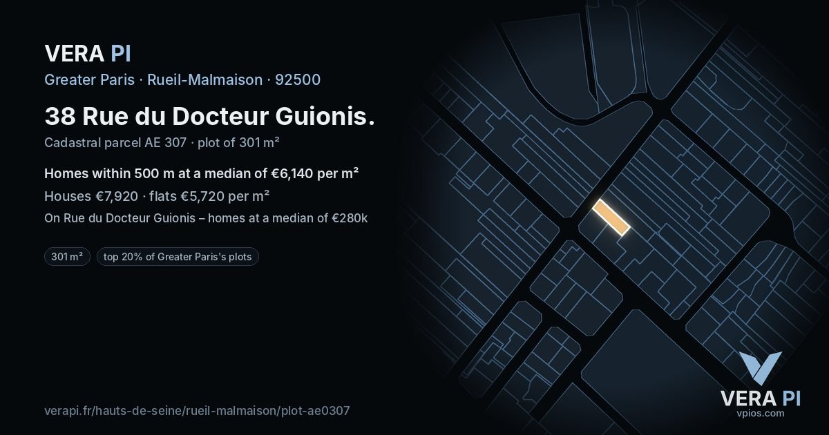 38 Rue du Docteur Guionis, Rueil-Malmaison at night – the plot lit, the parcels around coloured by the prices near them