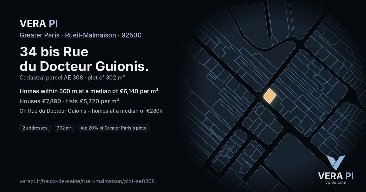 34 bis Rue du Docteur Guionis, Rueil-Malmaison at night – the plot lit, the parcels around coloured by the prices near them