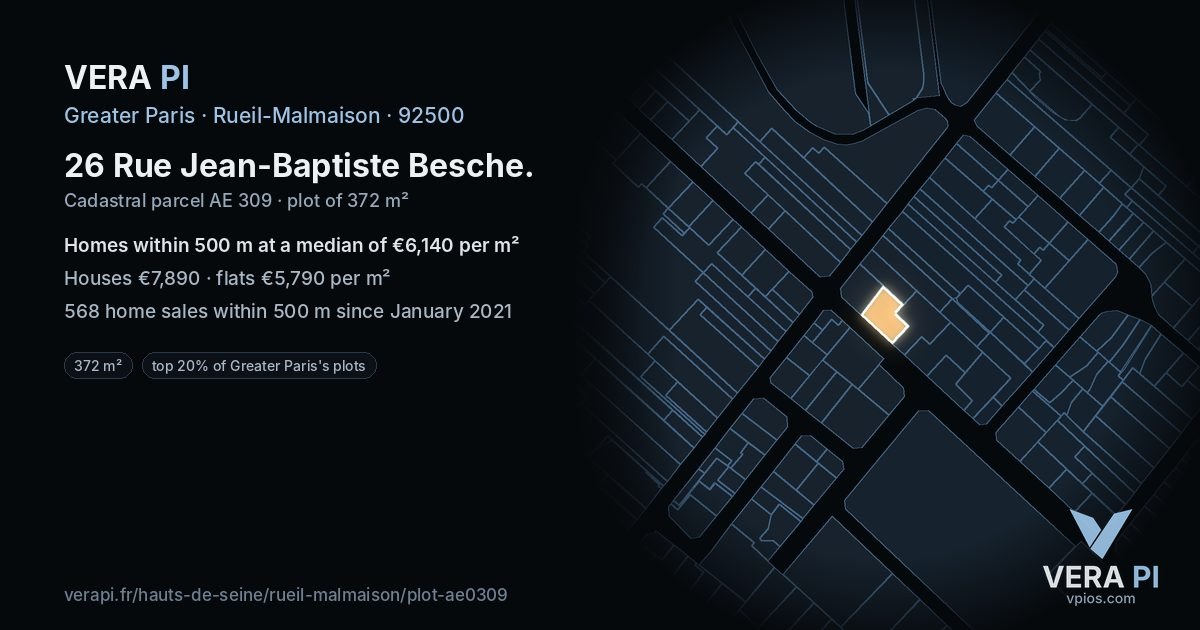 26 Rue Jean-Baptiste Besche, Rueil-Malmaison at night – the plot lit, the parcels around coloured by the prices near them