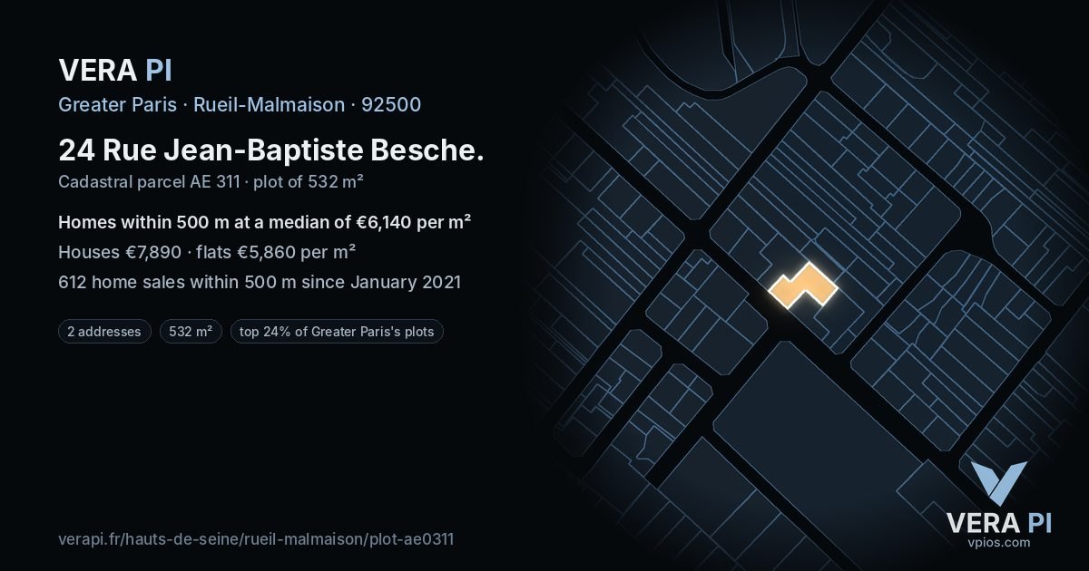 24 Rue Jean-Baptiste Besche, Rueil-Malmaison at night – the plot lit, the parcels around coloured by the prices near them