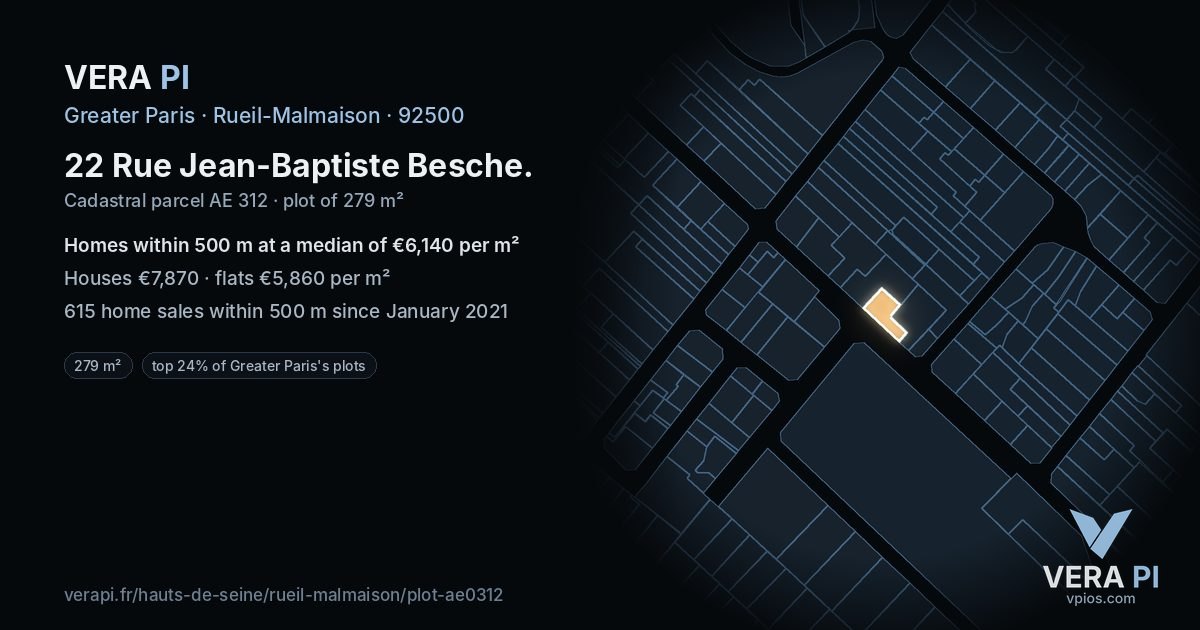 22 Rue Jean-Baptiste Besche, Rueil-Malmaison at night – the plot lit, the parcels around coloured by the prices near them