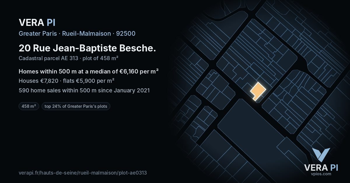 20 Rue Jean-Baptiste Besche, Rueil-Malmaison at night – the plot lit, the parcels around coloured by the prices near them