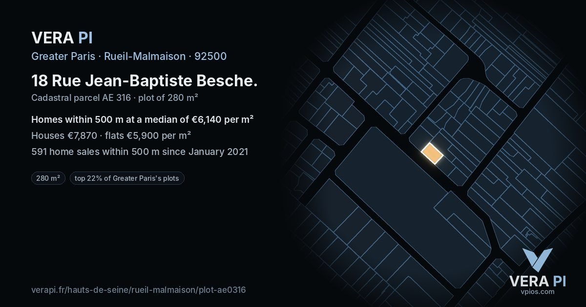 18 Rue Jean-Baptiste Besche, Rueil-Malmaison at night – the plot lit, the parcels around coloured by the prices near them