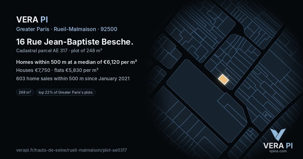 16 Rue Jean-Baptiste Besche, Rueil-Malmaison at night – the plot lit, the parcels around coloured by the prices near them