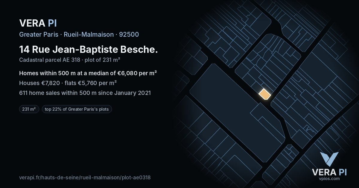 14 Rue Jean-Baptiste Besche, Rueil-Malmaison at night – the plot lit, the parcels around coloured by the prices near them