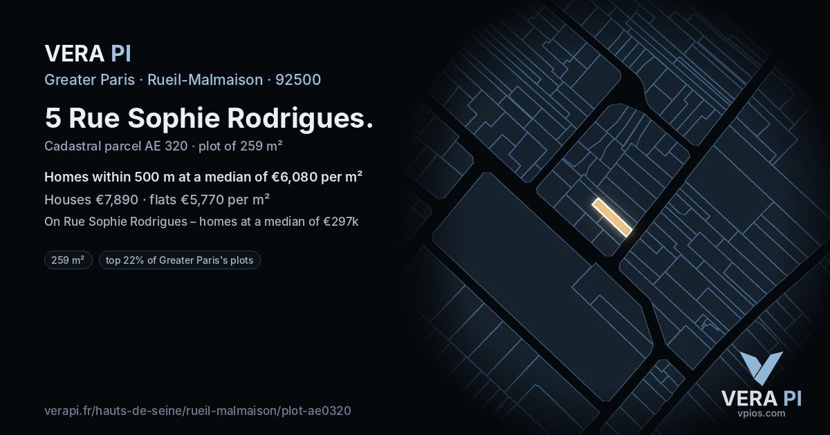 5 Rue Sophie Rodrigues, Rueil-Malmaison at night – the plot lit, the parcels around coloured by the prices near them
