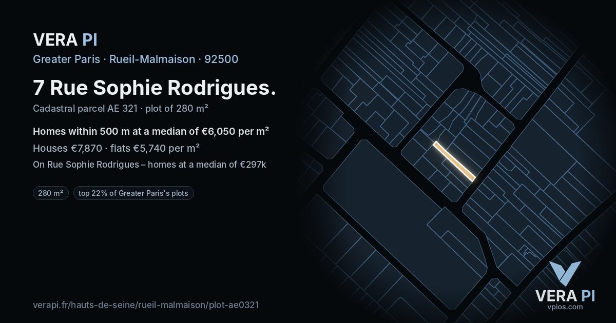 7 Rue Sophie Rodrigues, Rueil-Malmaison at night – the plot lit, the parcels around coloured by the prices near them