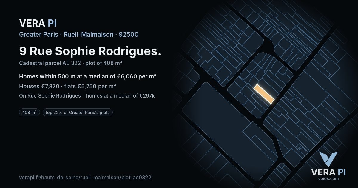 9 Rue Sophie Rodrigues, Rueil-Malmaison at night – the plot lit, the parcels around coloured by the prices near them