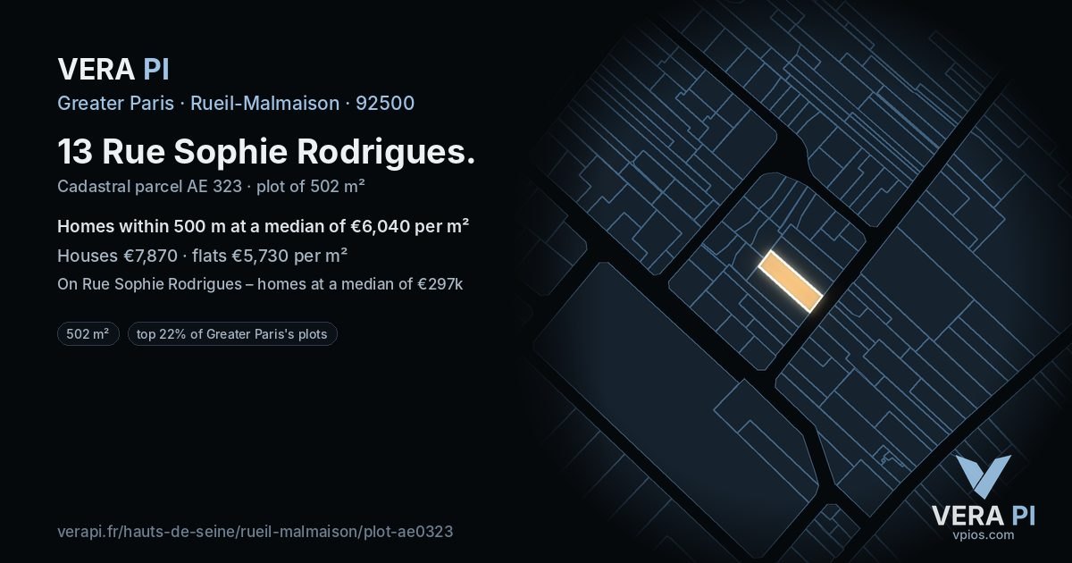 13 Rue Sophie Rodrigues, Rueil-Malmaison at night – the plot lit, the parcels around coloured by the prices near them