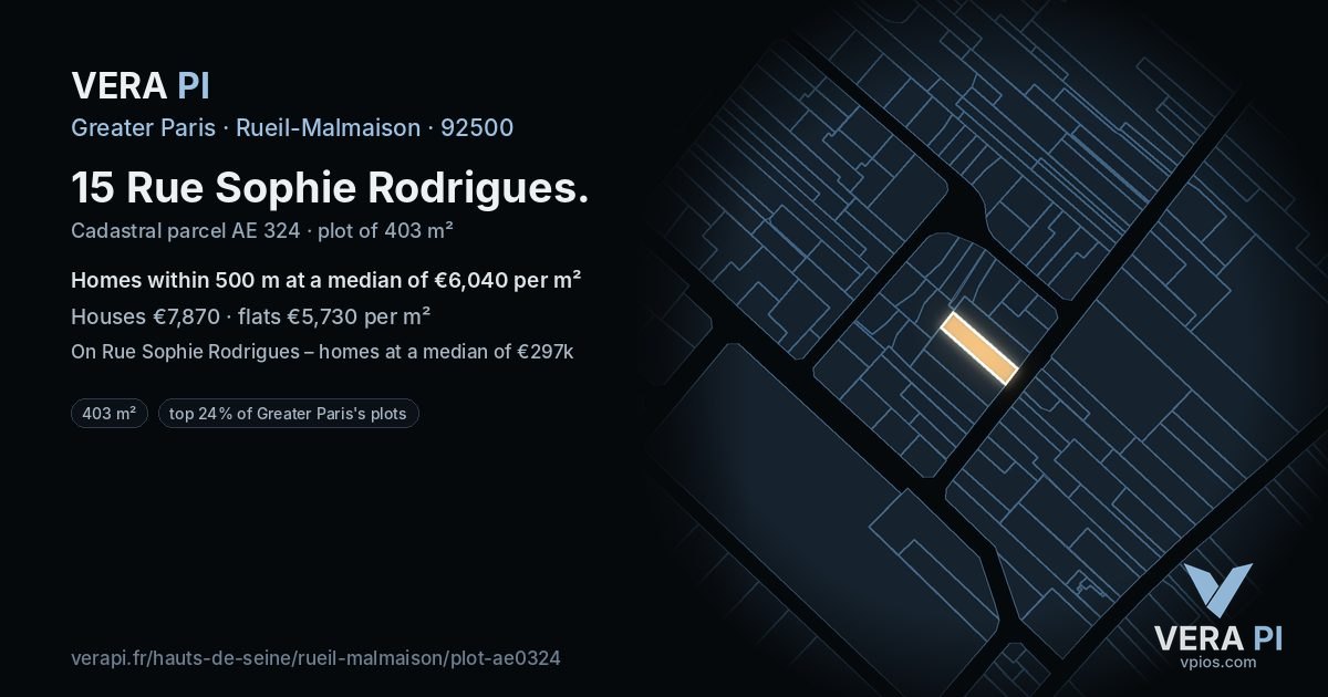 15 Rue Sophie Rodrigues, Rueil-Malmaison at night – the plot lit, the parcels around coloured by the prices near them