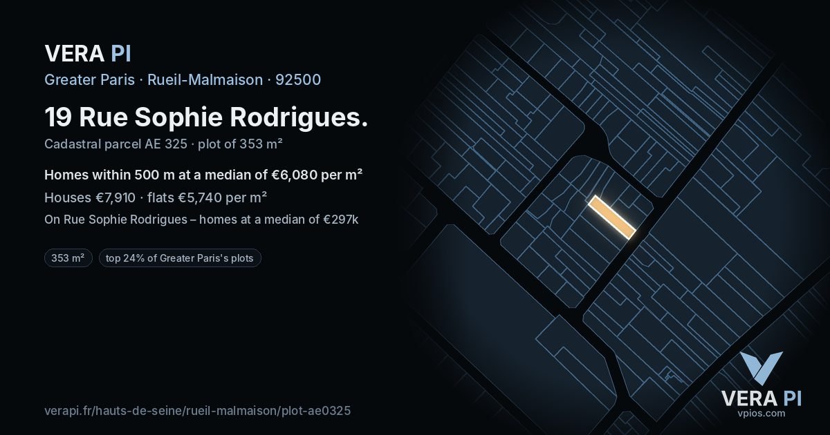 19 Rue Sophie Rodrigues, Rueil-Malmaison at night – the plot lit, the parcels around coloured by the prices near them