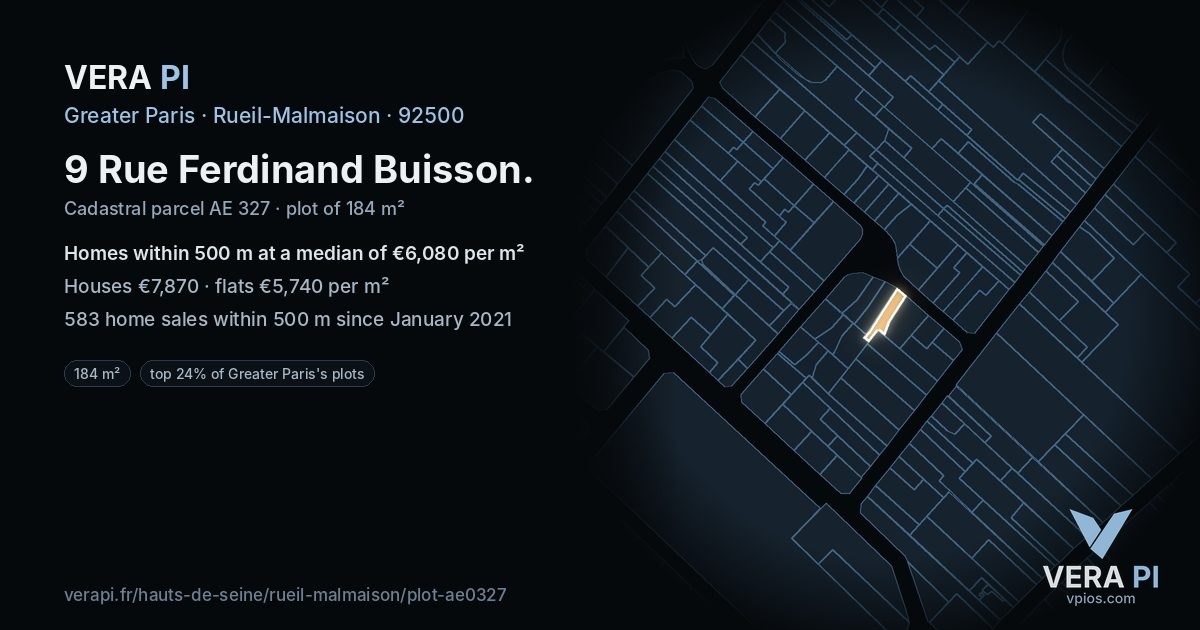 9 Rue Ferdinand Buisson, Rueil-Malmaison at night – the plot lit, the parcels around coloured by the prices near them