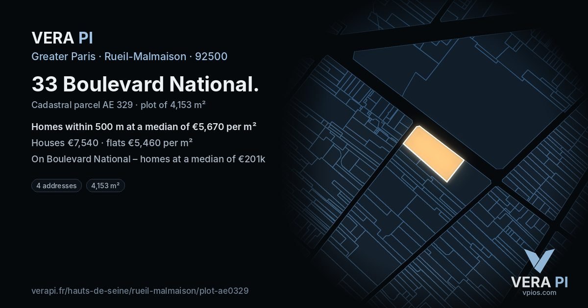 33 Boulevard National, Rueil-Malmaison at night – the plot lit, the parcels around coloured by the prices near them